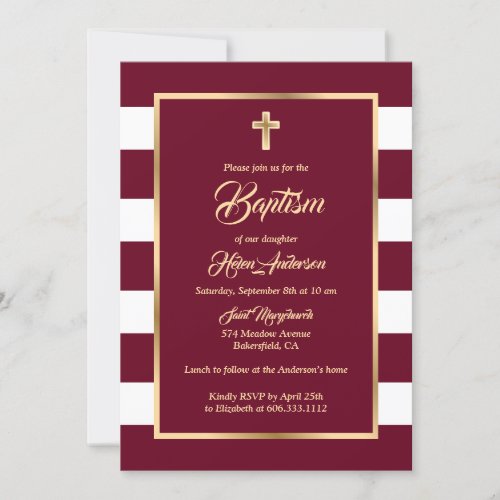 Custom Red White Gold Stripe Girl Baptism Invitation
