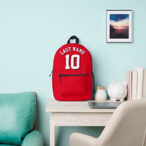 Custom Red White Last Name Sports Jersey Number Printed Backpack