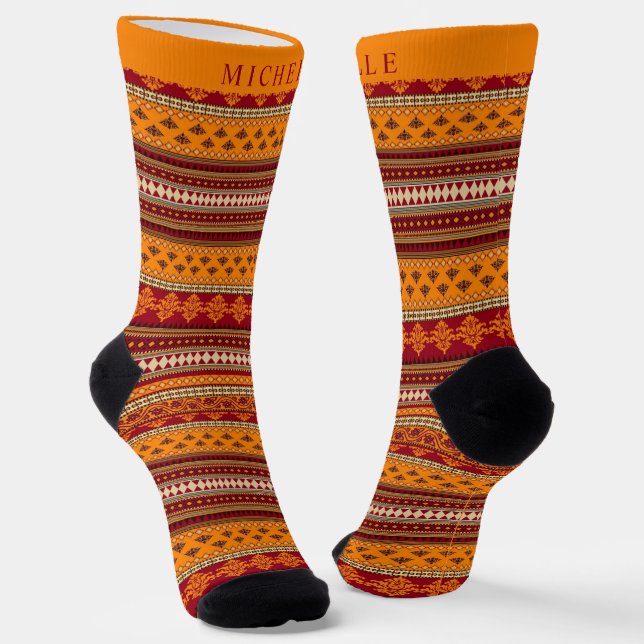 Custom Red Yellow Orange Aztec Pattern Socks (Angled)