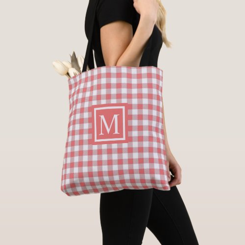 Custom Reddish Pink White Checkered Pattern Tote Bag