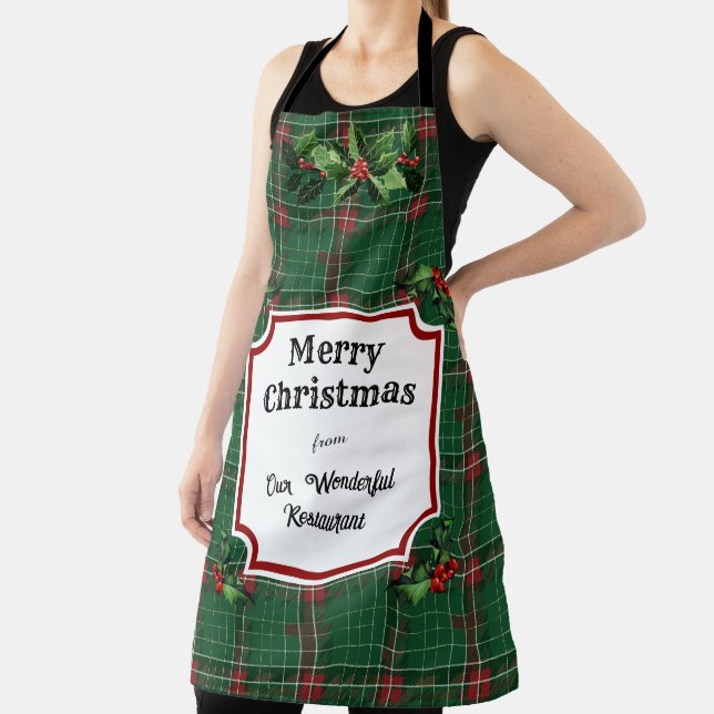 Custom Restaurant Christmas Green Plaid Apron (Insitu)