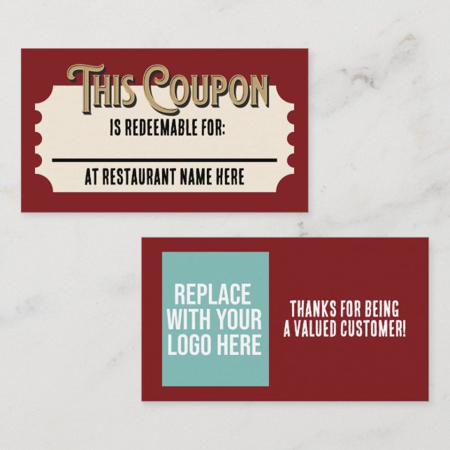 Custom Restaurant Redeemable Ticket Gift Coupon Enclosure Card (Front/Back)