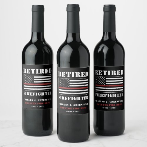 Custom Retired Firefighter Thin Red Line Gift Wine Label