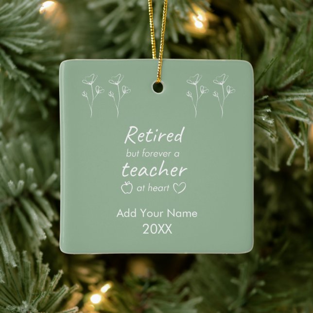Custom Retired Teacher Sage Green Monogram Ceramic Ornament (Tree)
