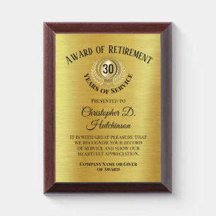 Custom Retirement Corporate Award Gold Plaque