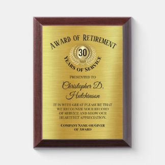 Custom Retirement Corporate Award Gold Plaque