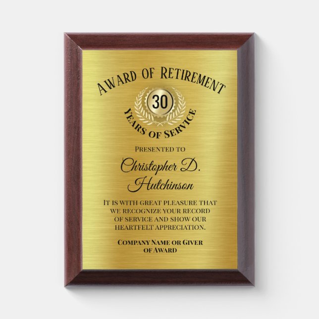 Custom Retirement Corporate Award Gold Plaque (Vertical)
