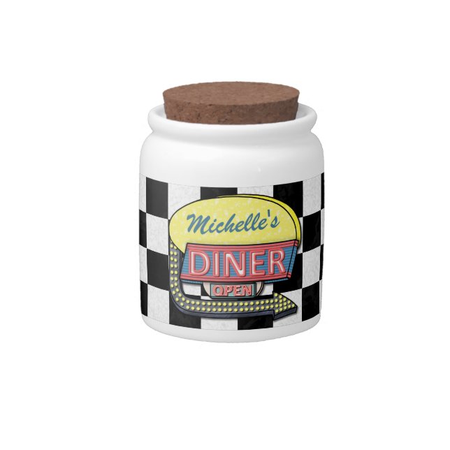 Custom Retro 50s Diner Sign Black Checker Red Text Candy Jar (Front)