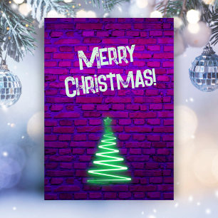 Custom Retro 80s Neon Pink Wall Christmas Tree Holiday Card