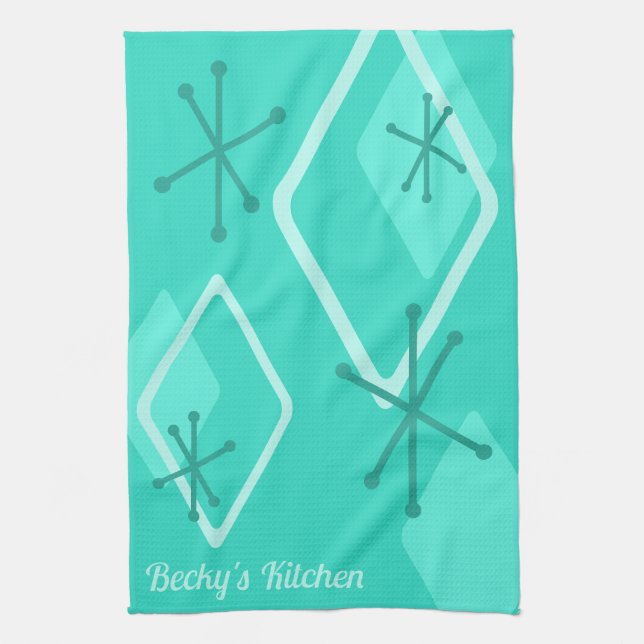 Custom Retro Atomic Diamonds Turquoise Kitchen Towel (Vertical)