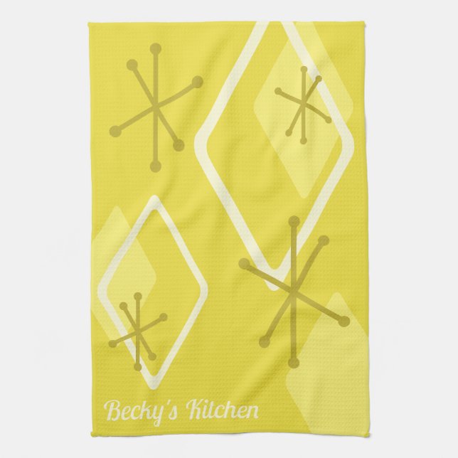 Custom Retro Atomic Diamonds Yellow Kitchen Towel (Vertical)