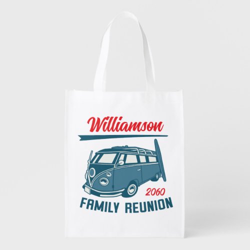 Custom Retro Beach Van Family Reunion Grocery Bag