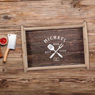 Custom Retro BEST DAD EVER Rustic Dark Wood Print Serving Tray