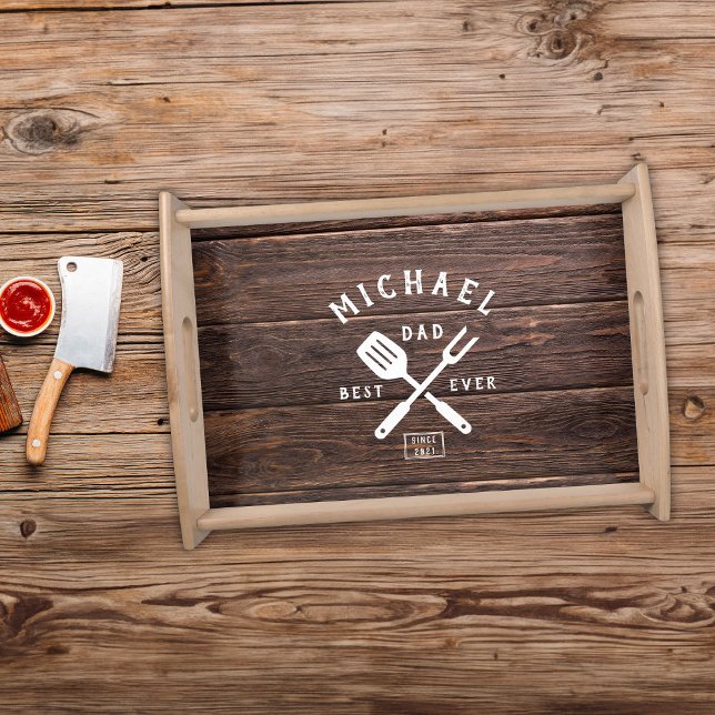 Custom Retro BEST DAD EVER Rustic Dark Wood Print Serving Tray (Creator Uploaded)