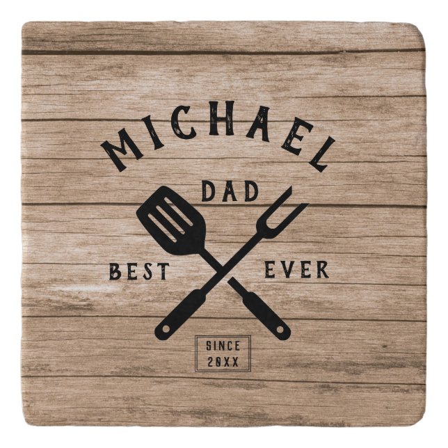 Custom Retro BEST DAD EVER Rustic Wood Print Trivet (Front)