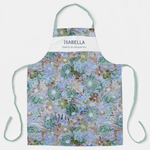 Custom Retro Blue Protea And Daisy Apron