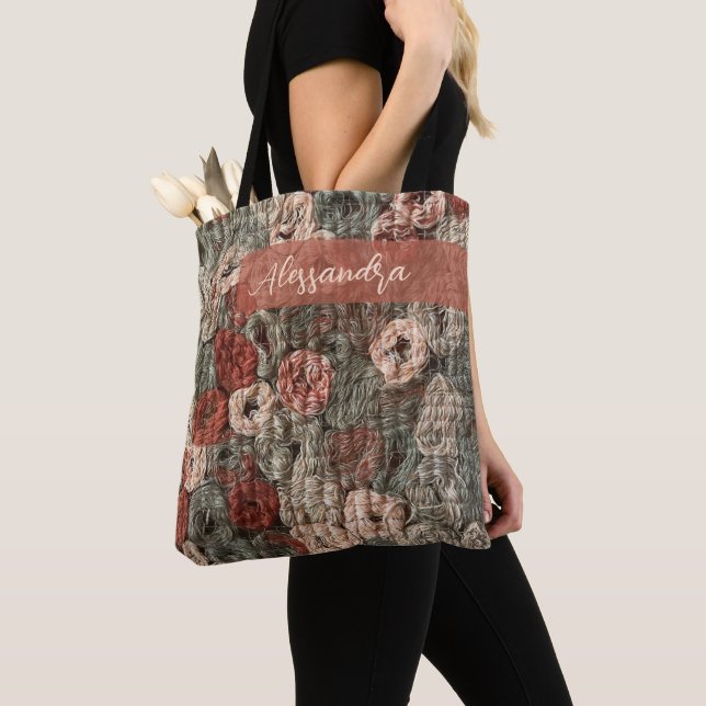 Custom Retro Boho Brown Terracotta Maximalist Chic Tote Bag (Close Up)