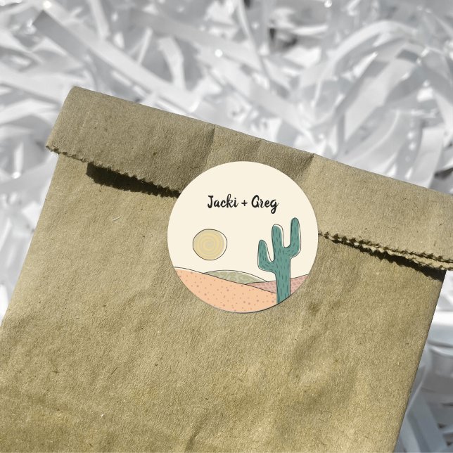 Custom Retro Boho Desert Cactus Wedding  Classic Round Sticker (Creator Uploaded)