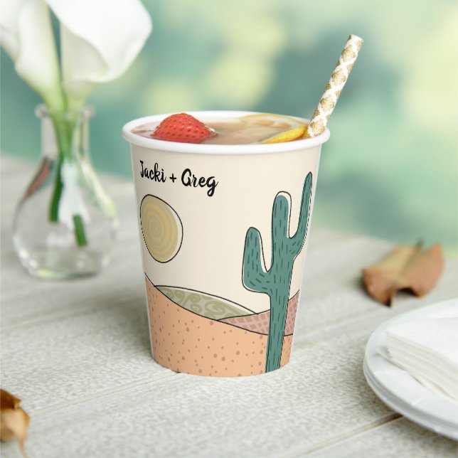 Custom Retro Boho Desert Cactus Wedding  Paper Cups (Insitu)