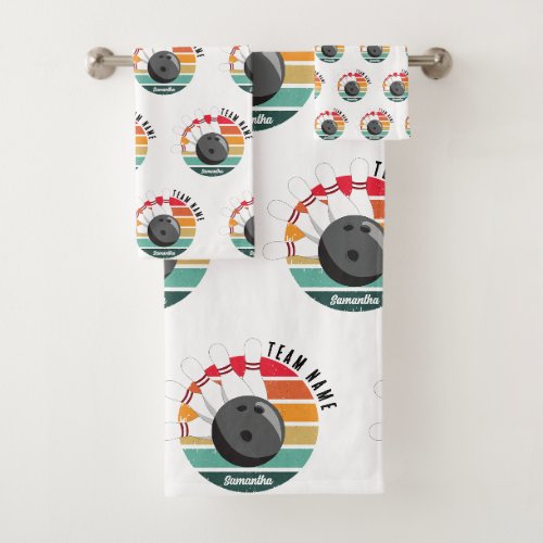 Custom Retro Bowling Pins Team &amp; Player Name  Bath Towel Set