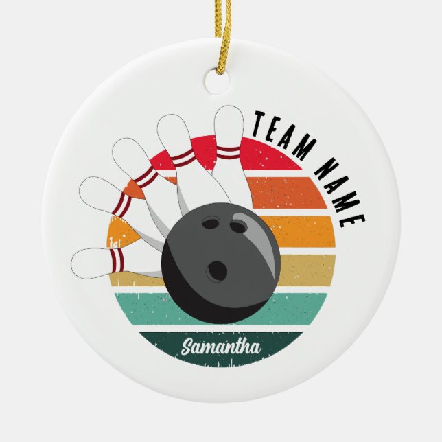 Custom Retro Bowling Pins Team & Player Name  Ceramic Ornament (Front)