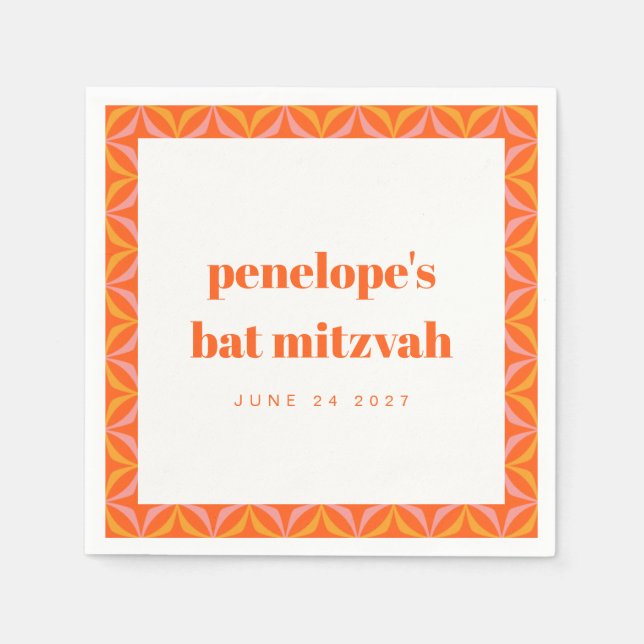 Custom Retro Bright Orange Border Bat Mitzvah Napkins (Front)