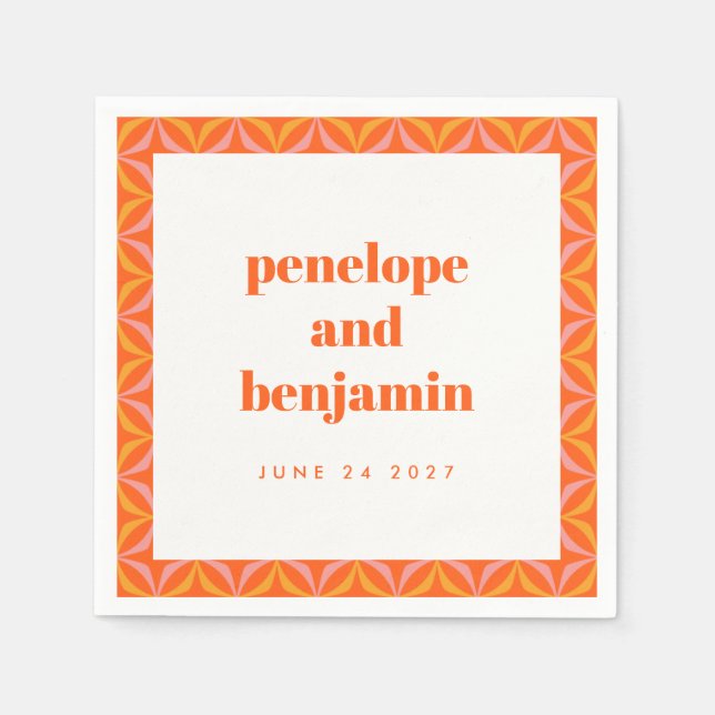 Custom Retro Bright Orange Border Wedding Names Napkins (Front)