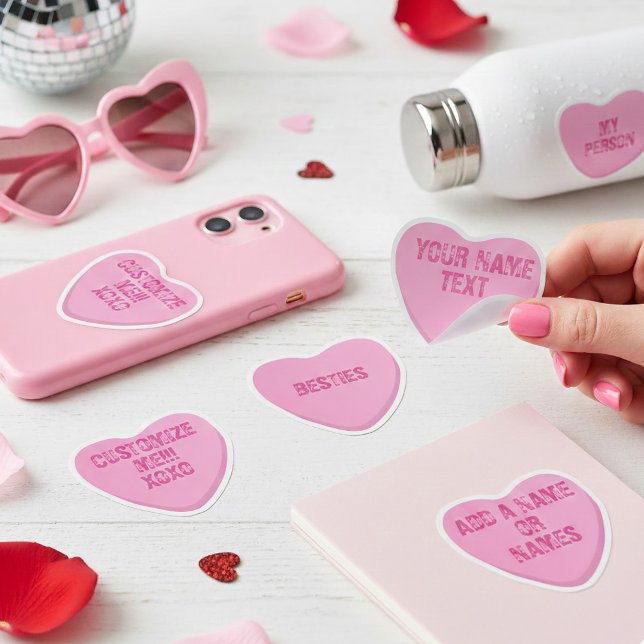 Custom Retro Candy Heart 4 Pink Vinyl Stickers (Set of 4 pink candy heart vinyl stickers for you to personalize. Available in 5 different sizes)