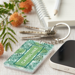 Custom Retro Chic Tropical Green Palmtree Pattern Keychain