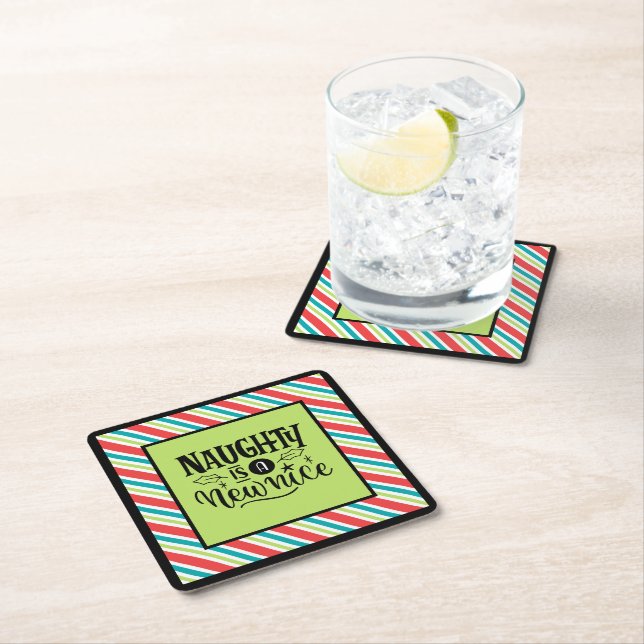Custom Retro Christmas "Naughty is a New Nice" Square Paper Coaster (Insitu)