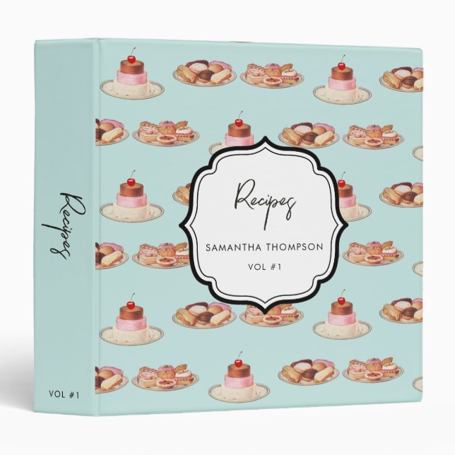 Custom Retro Dessert Bakery Recipe Cookbook 3 Ring Binder (Front/Spine)