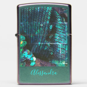 Custom Retro Disco Sequins Teal Blue Iridescent Zippo Lighter