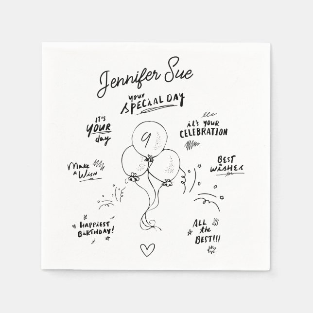 Custom Retro Doodle Modern Balloon Happy Birthday  Napkins (Front)