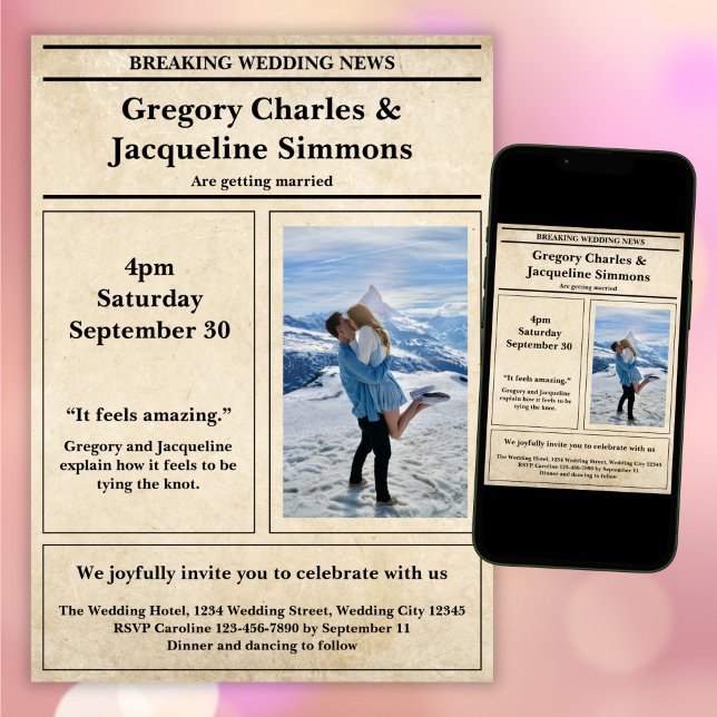 Custom Retro Elegant Newspaper Photo Quote Wedding Invitation (Creator Uploaded)