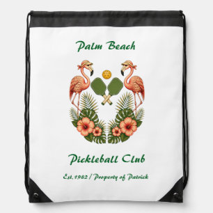 Custom Retro Flamingo Pickleball Club Sports Drawstring Bag