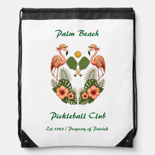 Custom Retro Flamingo Pickleball Club Sports Drawstring Bag