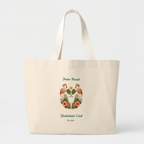 Custom Retro Flamingo Pickleball Club Sports Large Tote Bag