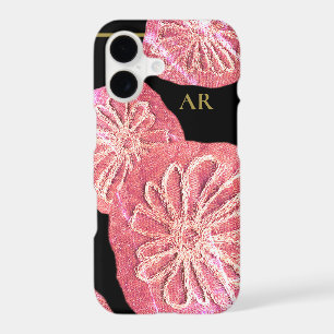 Custom Retro Floral Black Peach Flower Embroidery iPhone 17 Case