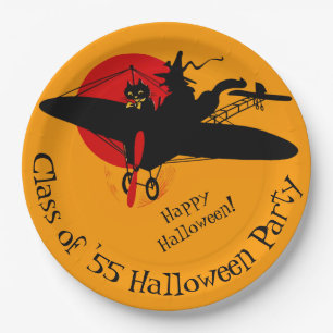 Custom Retro Flying Witch Halloween Paper Plates