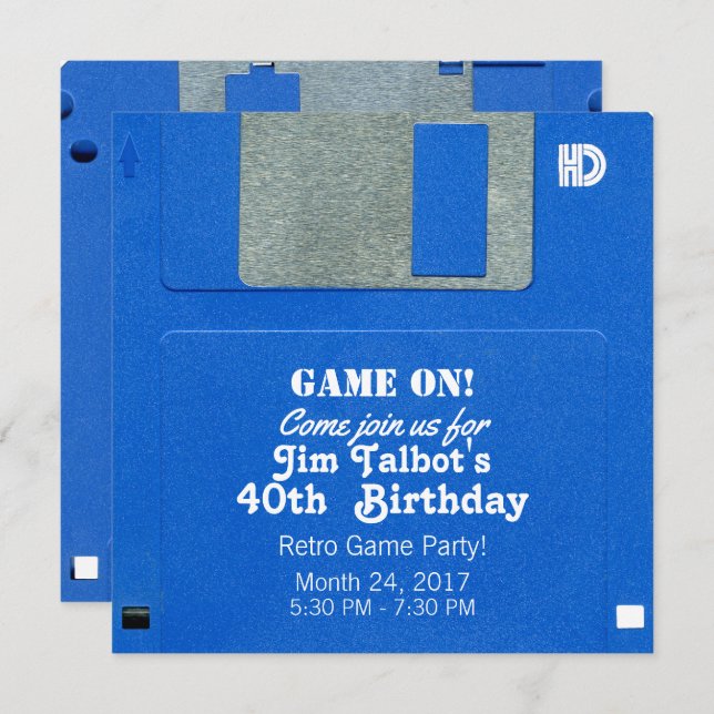 Custom Retro Game Birthday Invite Floppy Disk 3.5 (Front/Back)