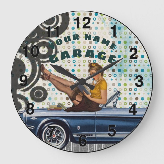 Custom RETRO Garage Clock Vintage Pinup Girl Car (Front)