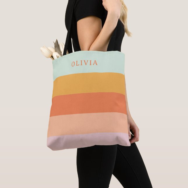 Custom Retro Geometric Stripes Mint Peach Pastel Tote Bag (Close Up)