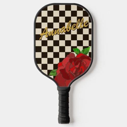 Custom Retro Gold Black White Check Red Rose Pickleball Paddle