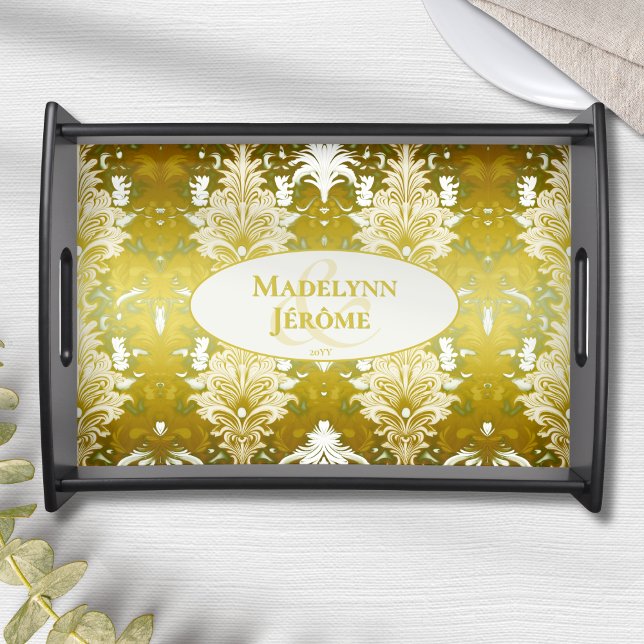 Custom Retro Gold Green Damask Pattern Serving Tray (Creator Uploaded)