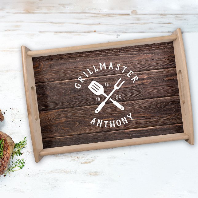 Custom Retro GRILLMASTER Rustic Dark Wood Print Serving Tray (Creator Uploaded)