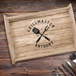 Custom Retro GRILLMASTER Rustic Farmhouse Wood Serving Tray<br><div class="desc">Retro cool personalized "GRILLMASTER" tray in a logo-style typography design featuring your custom name and year established on a (printed) rustic wood background. Great gift for Father's day or a unique birthday gift for the guy who loves to barbeque.</div>