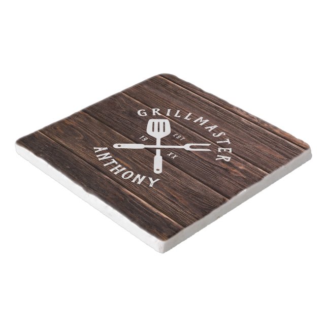 Custom Retro GRILLMASTER Rustic Wood Cool Trivet (Corner)