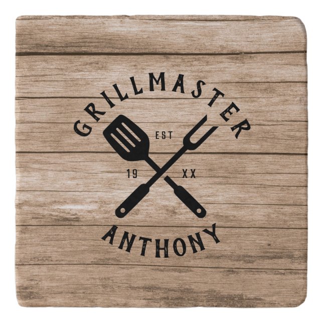 Custom Retro GRILLMASTER Rustic Wood Cool Trivet (Front)