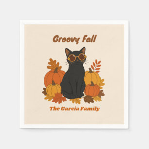 Custom Retro Groovy Black Cat Fall Party Napkins