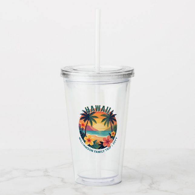 Custom Retro Hawaii Tropical Vacation Family Trip Acrylic Tumbler (Front)